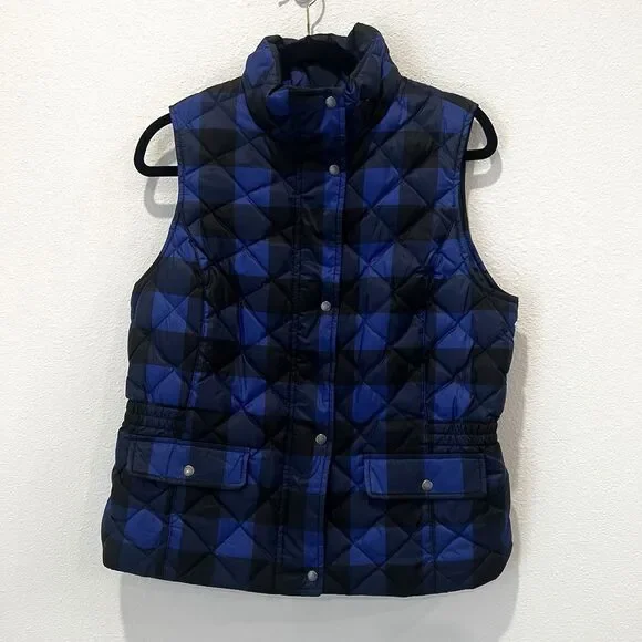 Talbots Ladies Down Blend Royal Blue /Black Size Medium Vest Preppy Fall Gingham - Picture 1 of 7